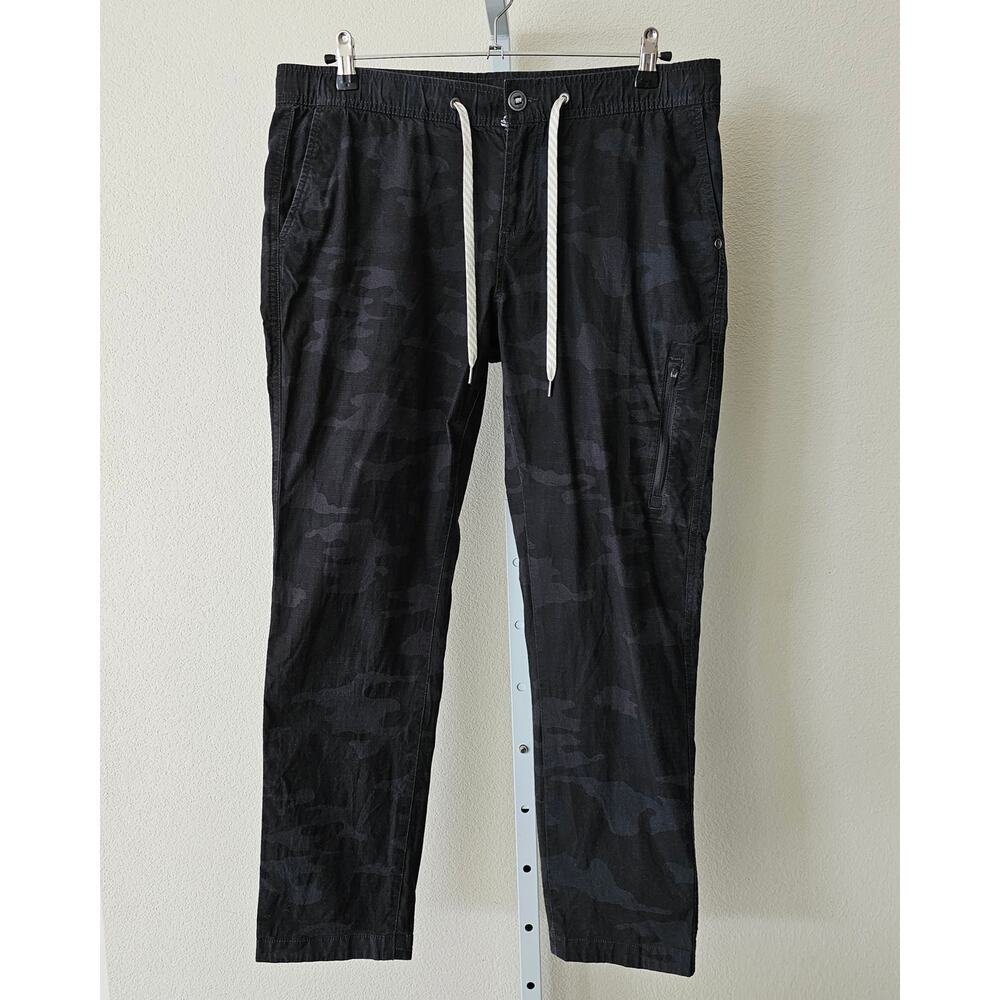 VUORI Women's Rip Stop Black & Gray Camo Button Zip Drawstring Pants Sz L